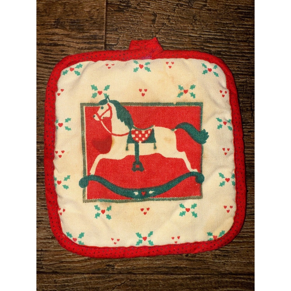 Vintage Rocking Horse Potholder Red Trim Holly Holiday Christmas Decor